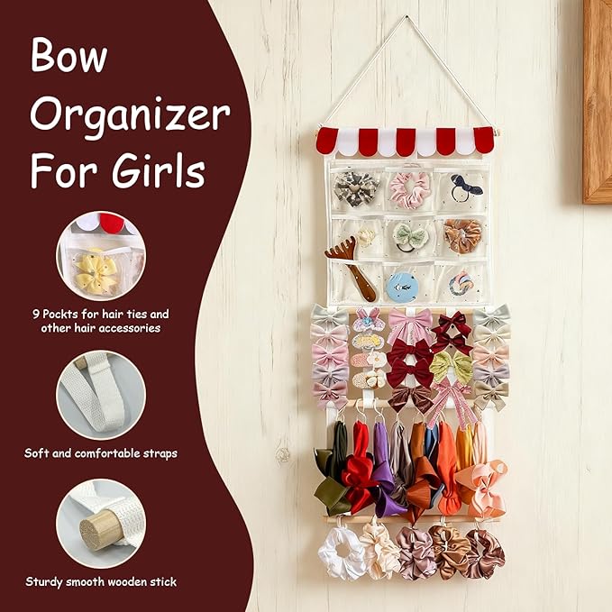 Headband Holder Bow Organizer for Girls | High Capacity Wall Mounted Hair Accessories Organizer | Bow Holder for Hair Bows & Clips | Girls Room Wall Decor