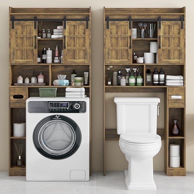 Over The Toilet Storage Cabinet, Farmhouse Storage Cabinet Over Toilet with Sliding Doors，Home Space-Saving Toilet Rack, for Bathroom, Restroom, Laundry(Brown