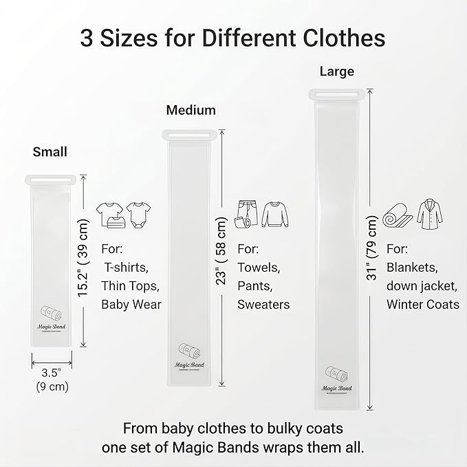6 Pack Self-Adhesive Clothes Organizer Straps, Reusable Clothing Storage Bands for Shirts & Towels, Fabric-Safe Closet Organizer Straps for Drawer & Luggage Packing (Combo Pack, 2 Small+2 Medium+2 Large)