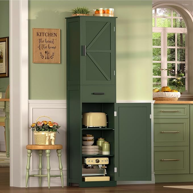 WEENFON Tall Bathroom Cabinet, Storage Cabinet with 6 Shelves & Drawer, Bathroom Storage Cabinet with Adjustable Shelves, Tall Cabinet for Living Room, Home Office, Forset Green