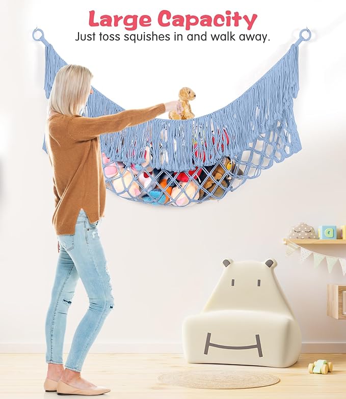 Stuffed Animal Hammock - Extra Large 63'' Long, Stuffed Animal Storage, stuffed animal Holder net, Hammock Large, Storage Hanging Organizer - Light blue