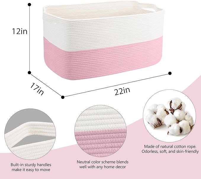 Large Pink Storage Basket, 22" x 17" x 12" Rectangle Cotton Rope Bin for Organizing, Woven Blanket storage for Living Room, Kids Toy Bin Box, Decorative Nursery Storage, Pink Room Decor