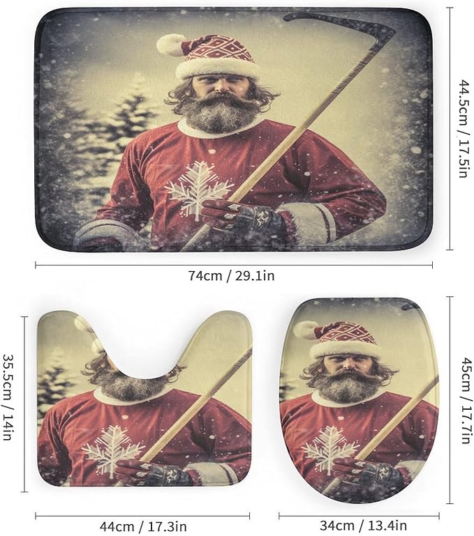 4 Pcs Shower Curtain Set Santa Claus Playing Hockey Ice Skate Sport Bathroom Shower Curtain Set with Rugs Ice Sports Games Shower Curtain with 12 Hooks for Bathroom Decor 72inch X 72inch