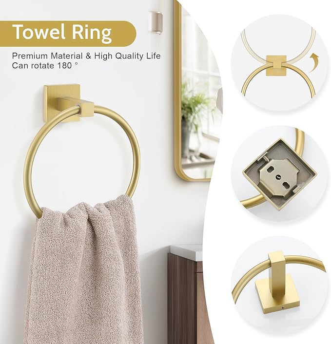 5-Piece Bathroom Hardware Set Brushed Gold Bathroom Hardware Accessories Set Upgraded Toilet Paper Holder with Shelf Towel Holder Set for Bathroom Stainless Steel Wall Mounted