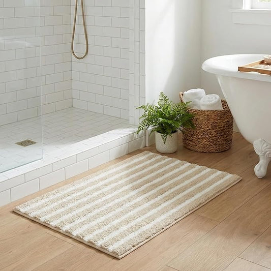 GRANNY SAYS Striped Bathroom Rugs Non Slip, 20" x 32", Bath Rugs for Bathroom Washable, Bath Mats for Floor, Microfiber Bath Mat for Tub, Absorbent Bath Rugs for Shower Room, Beige