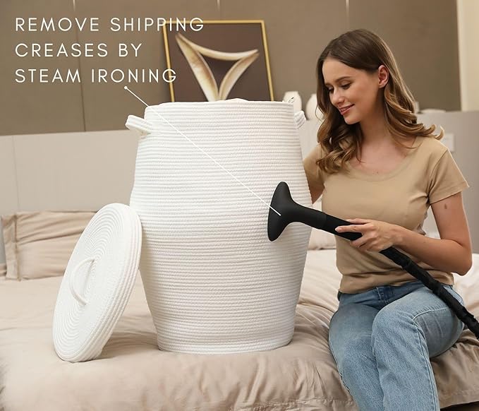 26" x 20" Handcrafted Tall Cotton Rope Basket with Lid, Stylish Flagon Shape with Cover, Clothes Hamper with Top, for Bedroom and Living Room, All White