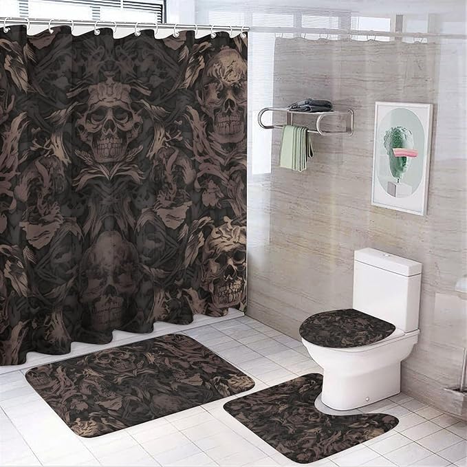 4-piece Bathroom Set with Waterproof Shower Curtain, Non-slip Absorbent Rug,Gothic Wallpaper for Walls Skull Damaskprinting And Toilet Seat Cover - Bathroom Accessories And Decor for Modern Homes, Wit