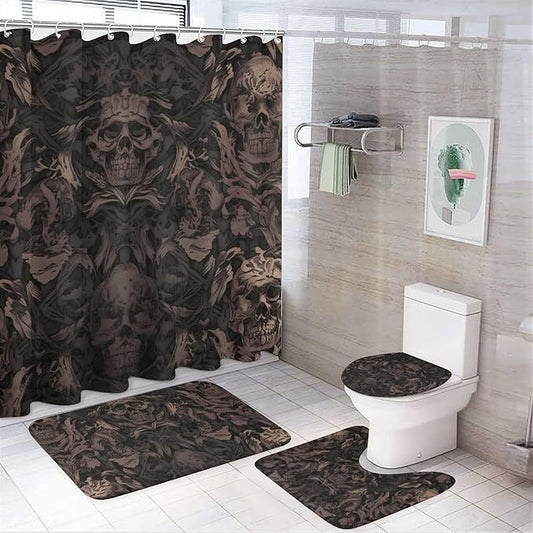 4-piece Bathroom Set with Waterproof Shower Curtain, Non-slip Absorbent Rug,Gothic Wallpaper for Walls Skull Damaskprinting And Toilet Seat Cover - Bathroom Accessories And Decor for Modern Homes, Wit