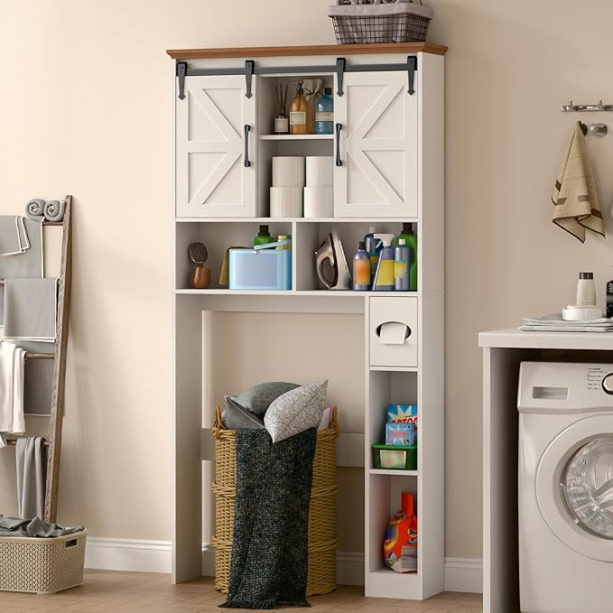 Over The Toilet Storage Cabinet,Farmhouse Space-Saving Toilet Rack With 2 Sliding Barn Doors,Bathroom Organizer with Toilet Paper Holder Stand & Storage Shelves,for Laundry, Restroom, Bathroom