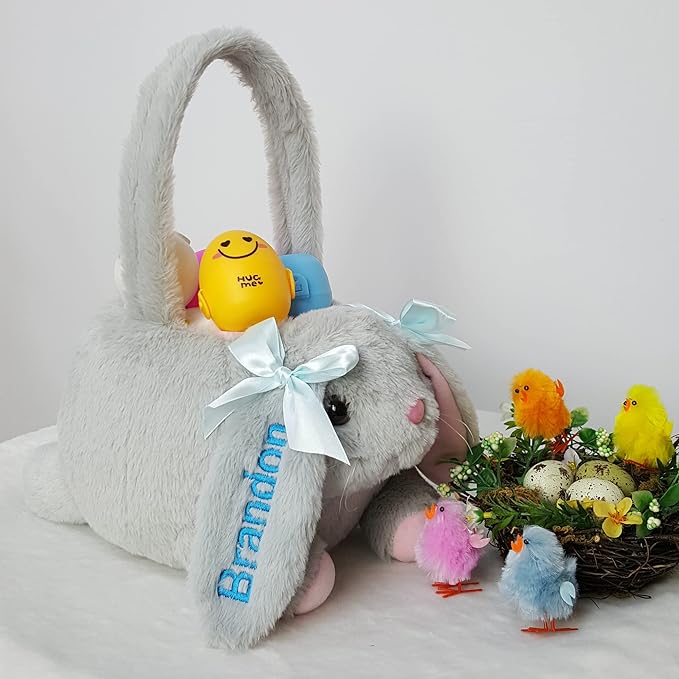 DearSun Personalized Easter Egg Hunting Basket 3D Plush Bunny Basket Candy Bucket Gift Basket with Embroidery Name (Grey Plush Bunny Basket)