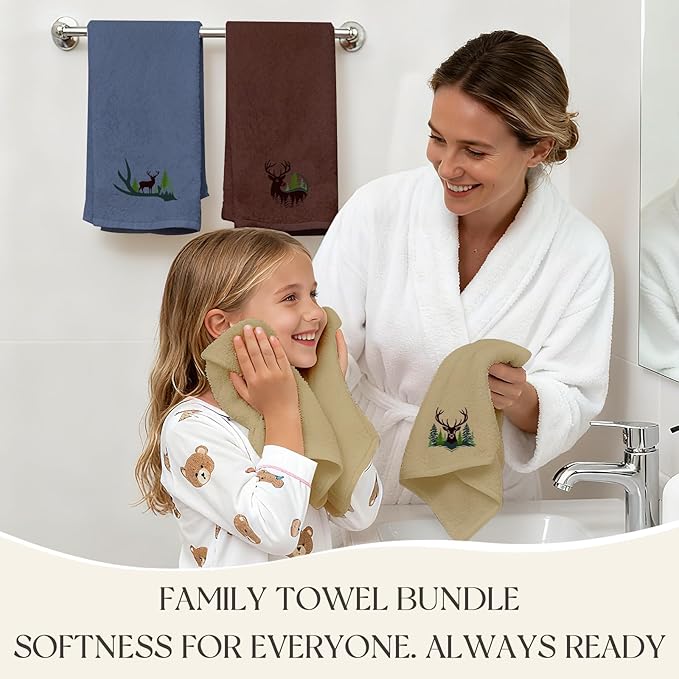 4 Pcs Forest Moose Deer Hand Towels Elk Embroidered Towels Set - 29" x 13.3" Cotton Bath Towel, Deer Rustic Farmhouse Decor, Nature-themed Hand Towel for Kitchen Bathroom Decor Housewarming Gift