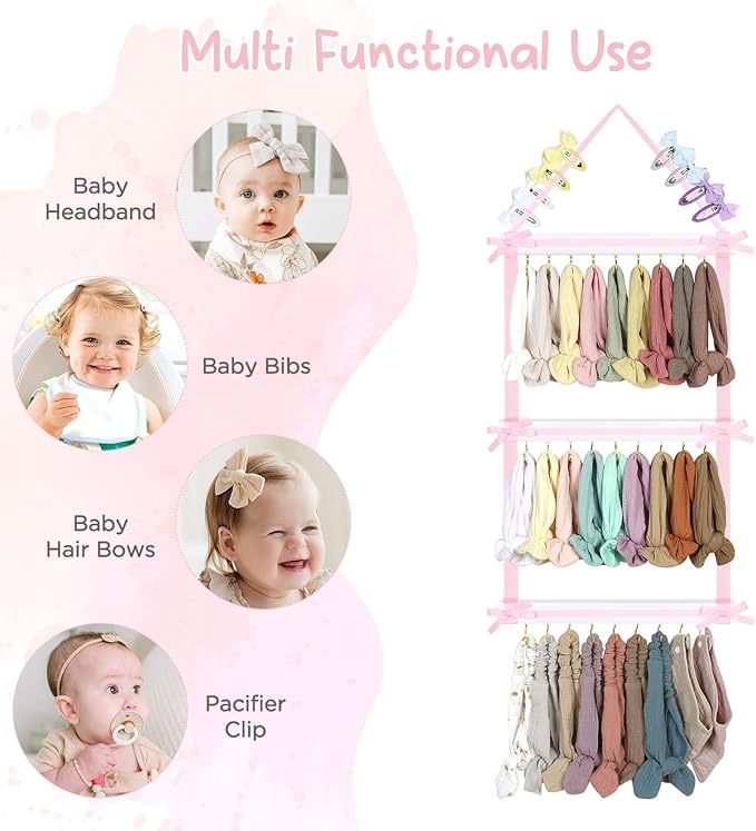 POVETIRE Headband Holder for Baby Girls, Hanging Headband Organizer Nylon Hairband Storage, Wall Hair Accessories Organizer Display for Nursery Room Decor