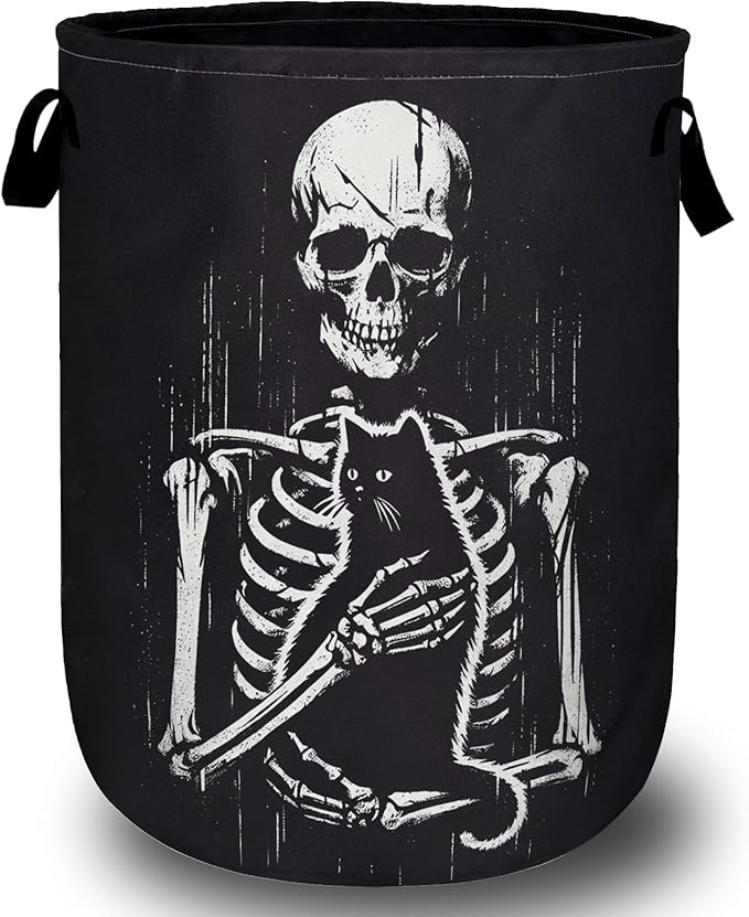 Funny Skull Black Cat Laundry Basket, Foldable Waterproof Laundry Hamper Tote Bag Dirty Clothes Storage Bucket Toy Organizer for Bathroom/Laundry/Bedroom 15.7"x19.6"