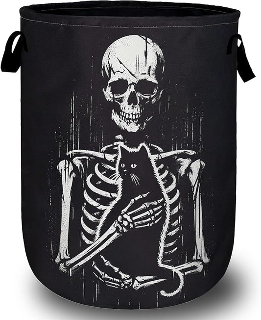 Funny Skull Black Cat Laundry Basket, Foldable Waterproof Laundry Hamper Tote Bag Dirty Clothes Storage Bucket Toy Organizer for Bathroom/Laundry/Bedroom 15.7"x19.6"