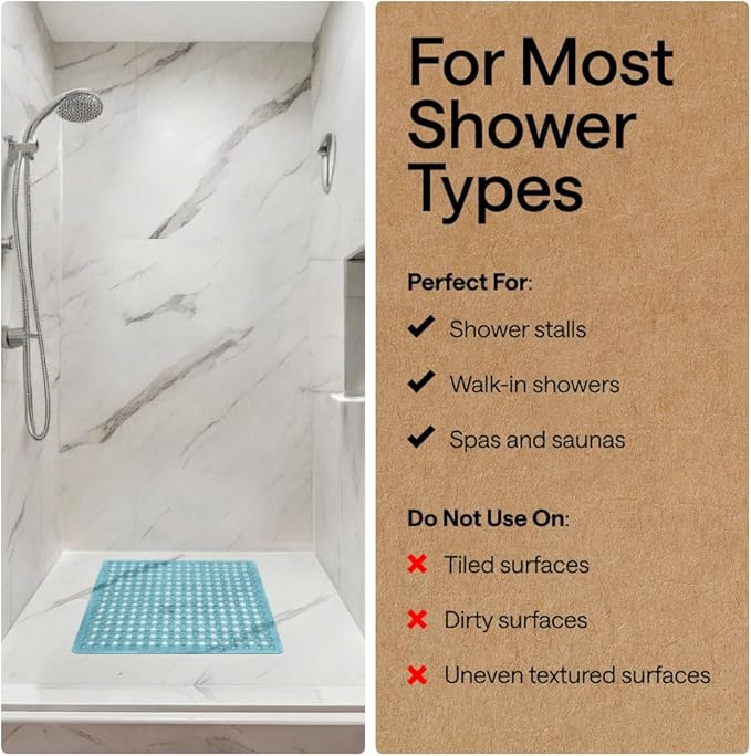GORILLA GRIP Patented Square Shower Stall Mat, Small Bathtub Floor Mats for Stand Up Showers, Suction Cups and Drainage Holes, Machine Wash, Soft on Feet, Bathroom Accessories 21x21 Inch, Turquoise