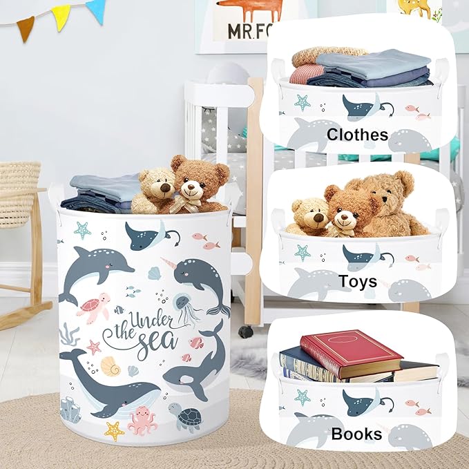 Sea Animals Laundry Hamper Ocean Fish Coral Large Storage Basket Parents Organizer Kids Clothes Toy Bins for Bedroom, Bathroom, Blue Dolphins, 63L