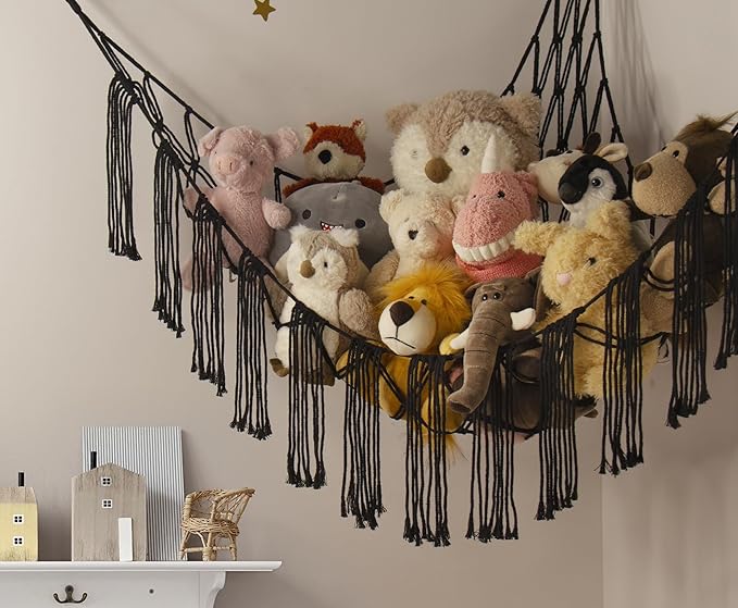Macrame Stuffed Animal Hammock Corner with LED Light - Black Toy Storage Hammock Plushie Net Organizer Display - Teddy Bear Stuffy Hammocks - Boy Bedroom Decor Cool