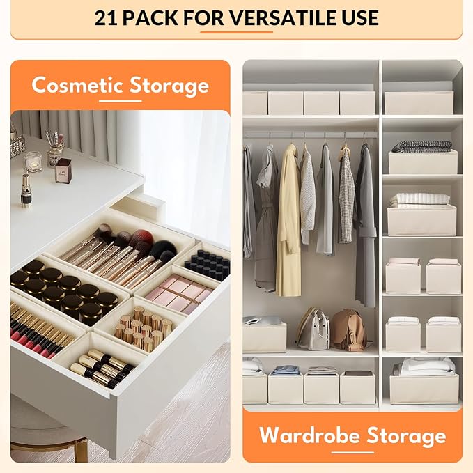 Premium Natural Linen Drawer Organizer Clothes, 21 Pack Dresser Organizer for Baby Clothes, Underwear, Socks, 3 Sizes Foldable Closet Organization and Storage Bins for Nursery, Bedroom (Beige)