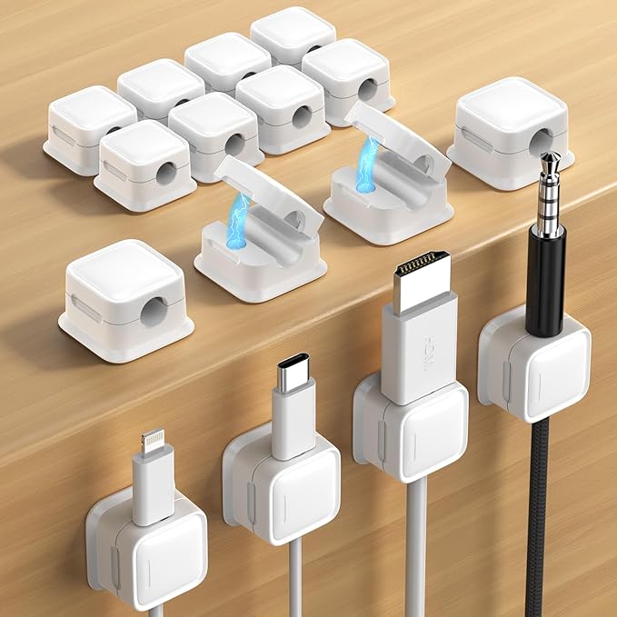 16 Pack Magnetic Cord Organizer Holder,Strong Adhesive Desk Cable Management Easy Open,Organize Phone Charging Cords Wire Holder Organizer Neatly for Home,Office,Car,Desk,Nightstand-White