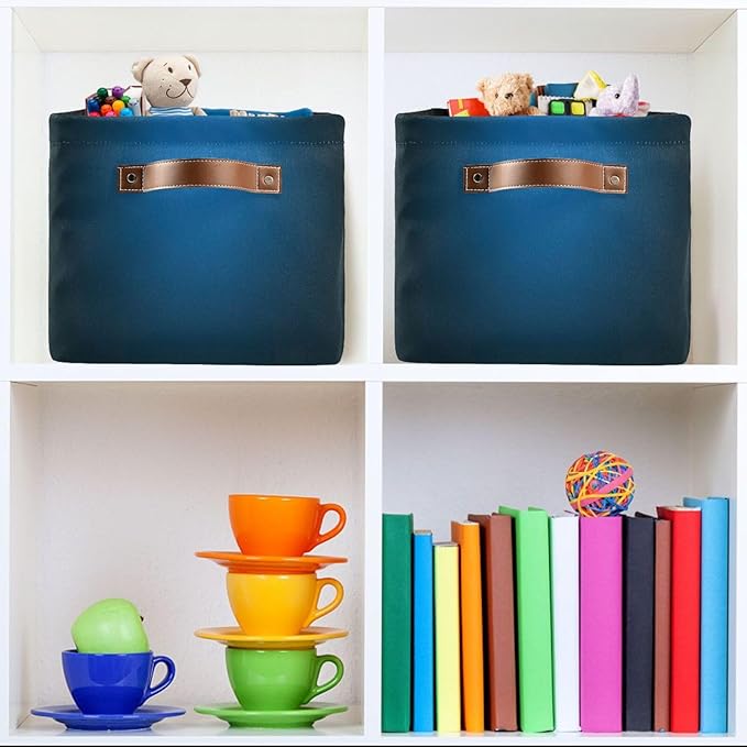 YETTASBIN Blue Solid Color Storage Basket 1pc, Large Collapsible Toys Clothes Organizer, Durable Canvas Storage Bin with Handle for Shelves Closet Laundry Home Office Decor