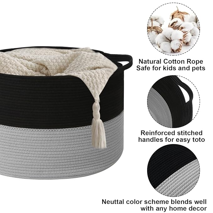 115L Large Blanket Basket,23.6"L x 23.6"W x 15.7"H Rope Woven Baskets with Handles, Toys Storage Bins,Laundry Basket Perfect for Living Room, Nursery,Bedroom,Home Organization,Black&Light Grey