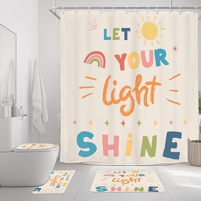 Homewelle 4 PCS Christian Bible Verse Shower Curtain Abstract Boho Inspirational Quotes Scripture 72Wx72H Inch Funny Fabric Decor Bathroom Rug Set Bath Mats Nonslip Washroom Decor Shower Accessories