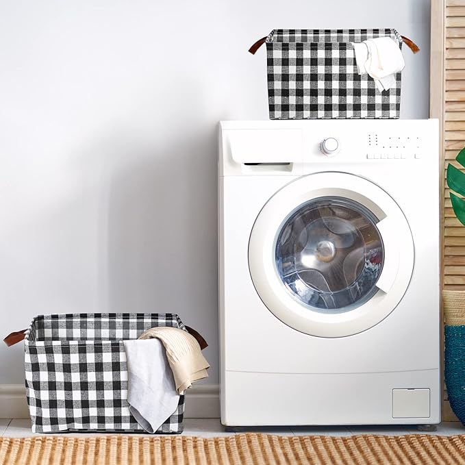Boao 4 Pcs Buffalo Plaid Storage Baskets Black and White Bins Large Checkered Fabric Box with Handle Household Foldable Organizer Containers for Bathroom Bedroom(Simple Style)
