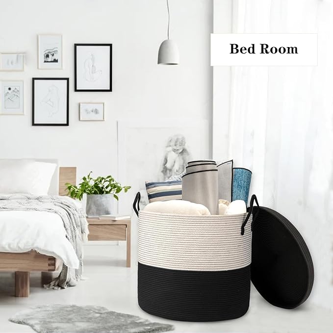 21" x 18"Extra Large storage baskets,Eco-friendly rope baskets with lid,blanket basket living room with lid,hampers for bedroom,big,round, Black 115L