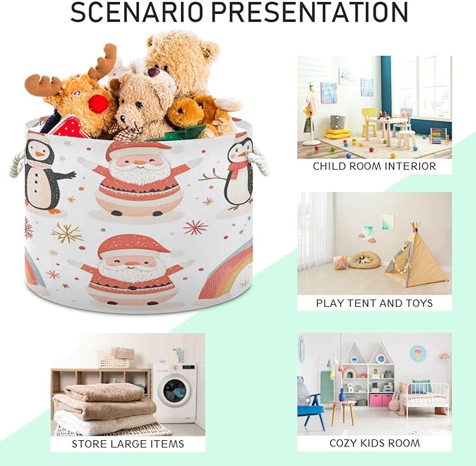 Blanket Storage Basket for Living Room - Cute Santa Penguin Large 20"x20"x14" Cotton Rope Handles Laundry Basket, Foldable for Toy Storage, Blanket Basket
