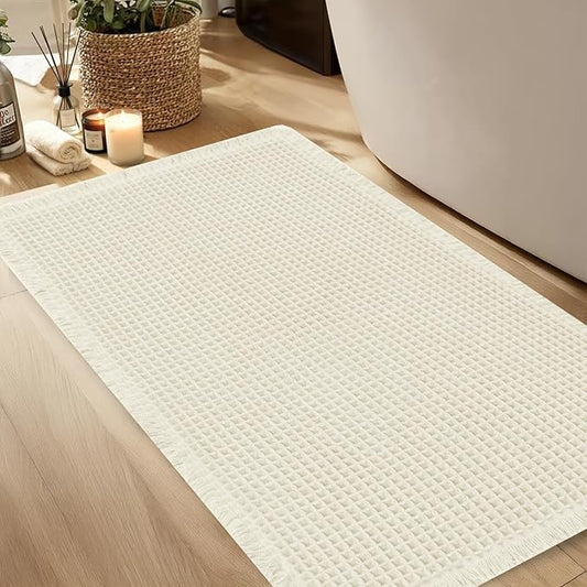 Hiasan Waffle Bath Mat, Super Absorbent Non Slip Bathroom Boho Rug with Tassels, Machine Washable Bath Mats for Bathroom, Ultra Soft Rubber Backed Rug, White, 16 x 24 Inches