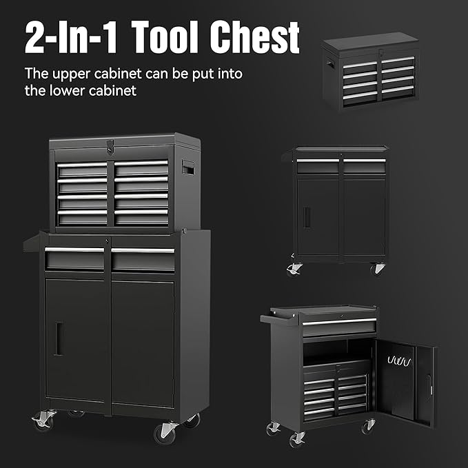 5-Drawer Rolling Tool Chest & Cabinet With Detachable Top Box - Heavy-Duty Metal Tool Cart With 4 Hooks, Lockable Drawers & 4 Wheels For Garage, Workshop, And Automotive Organization(Black)
