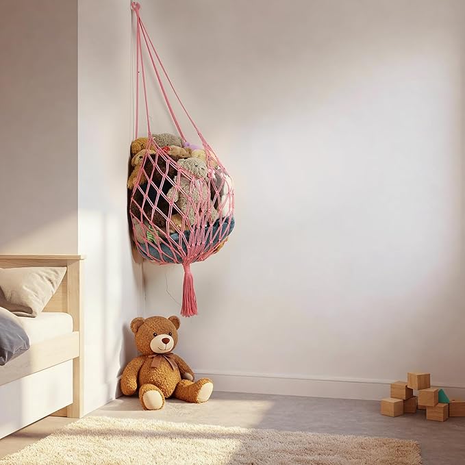 Stuffed Animal Storage Hammock Corner Hanging Net Stuffy Animal Hammock Macrame Toy Display Plush Toy Holder for Kid Bedroom Decor Boho Nursery Playroom Organizer (pink)