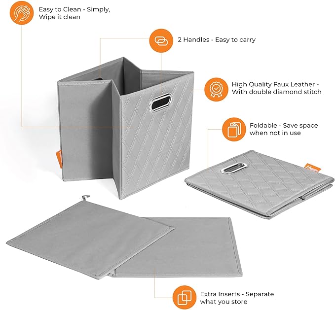 FH Group JIAessentials 12" Faux Leather Foldable Storage Cube Bins Set of 2 – Gray Diamond Patterned Organizers with Handles for Closet & Shelves