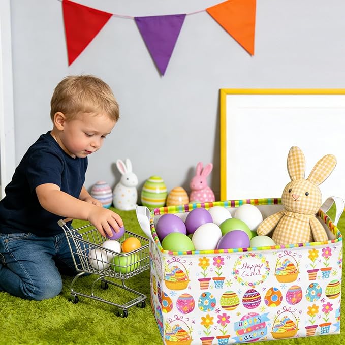 Easter Storage Basket, Egg Pattern Basket for Gifts Cute Foldable Waterproof Collapsible Organizer with Handles for Home Closets Shelf Offices,Bedrooms,Dorm Toy Storage