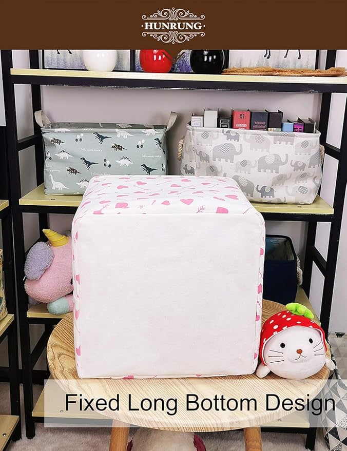 HUNRUNG Square Storage Bins Nursery Hamper Canvas Laundry Basket Foldable with Waterproof Nursery Boxes for Shelves/Gift Baskets/Toy Organizer/Office, Bedroom (Square-Pink-heart-arrow)