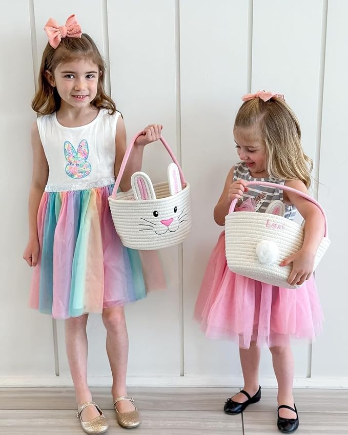Personalized Easter Bunny Rope Basket (Pink)