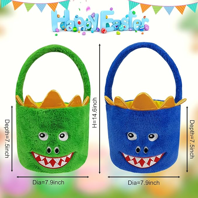 DearSun 2 Pcs Easter Basket Dinosaur Plush Baskets, Easter Egg Hunting Basket for Kids Gifts Party Decoration Supplies, Dia 8" * H 15.7"(Green & Blue Dinosaur)