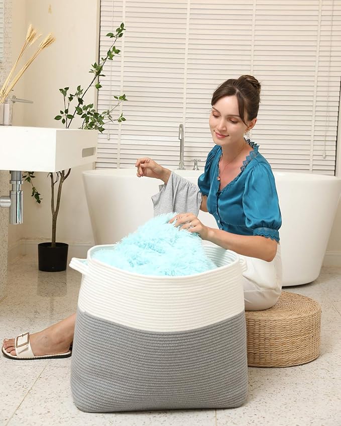 22"x14"x18" Mega Size Rectangular Extra Large Storage Basket, Rectangular Cotton Rope Storage Baskets, Woven Laundry Hamper, Cloth Storage Bin, for Clothes Blanket in Living Room, Grey Basket