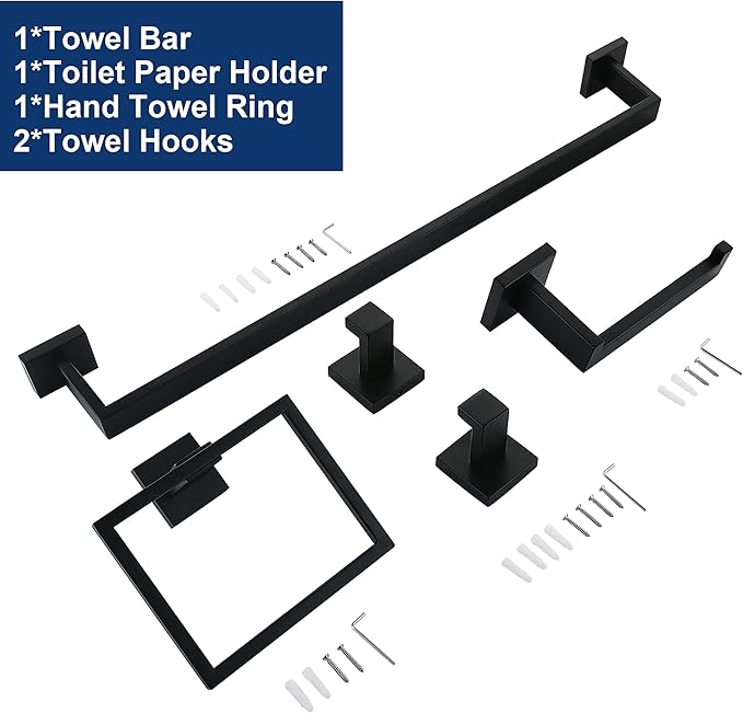 5 Pieces Bathroom Hardware Accessories Set Matte Black, 24Inch Square Towel Racks Set for Bathroom, SUS304 Stainless Steel Towel Bar Set, Bath Accessories Sets Wall Mounted