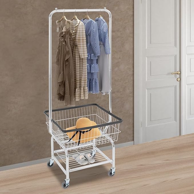 Laundry Cart,Steel Wire Laundry Cart,Laundry Basket With Wheels,Commercial Laundry Basket Cart Heavy Duty with Rod Rack 19.69x15.75x70.87in (C)