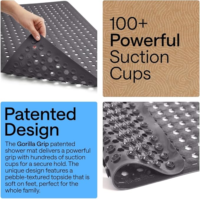 GORILLA GRIP Patented Square Shower Stall Mat, Small Bathtub Floor Mats for Stand Up Showers, Suction Cups and Drain Holes, Machine Wash, Soft on Feet, Bathroom Accessories 21x21 Inch, Charcoal Opaque