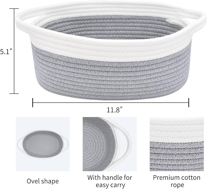 ABenkle Small Basket, 12"x 8" x 5" Cute Small Woven Basket, Rope Room Shelf Storage Basket, Cat Dog Toys Basket Chest Box, Decorative Empty Gift Basket with Handles - Grey