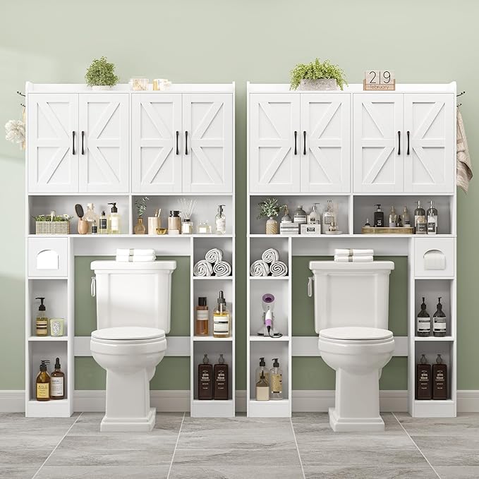 Vabches Over The Toilet Storage Cabinet with 4 Barn Doors, Bathroom Organizer with Toilet Paper Holder & Adjustable Shelves, Space-Saving Farmhouse Toilet Shelf for Bathroom,Restroom,Laundry