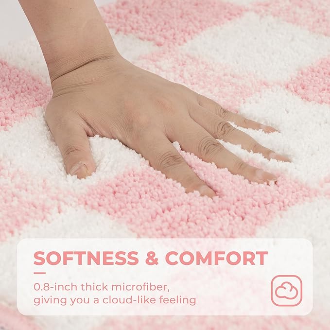 GRANNY SAYS Checkered Pink Bathroom Rugs Decor, 24" x 16", Fluffy Rug, Absorbent Microfiber Ultra Soft Bath Mat Washable, Non-Slip Bath Mats for Bathroom, Cute Floor Mat for Tub, Shower, Bedroom