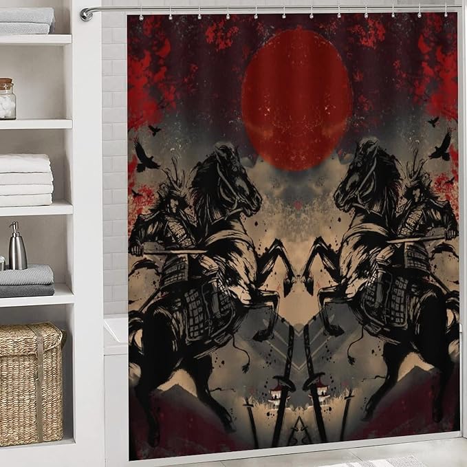 Abstract Japanese Samurai Shower Curtain Sets with Rugs 4 Piece Accessories Bathroom Curtains Shower Set Include Shower Curtain Non-Slip Rug Toilet Lid Cover Bath Mat One Size