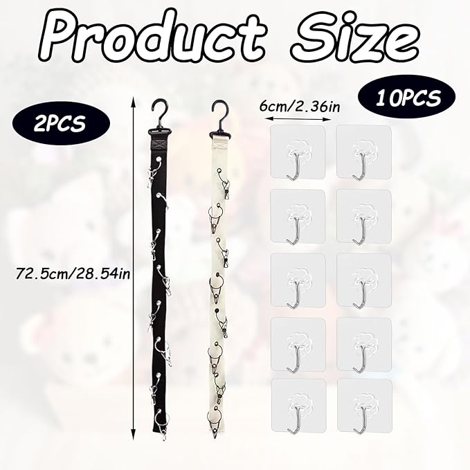 2 Pcs Plush Toy Display,Hanging Display,Organizer,Display 17cm Doll ,Holder Display With Chain,Doll Organizer,Toy Straps For Wall Decor Or Corner Nursery Playroom Holds 10 Plush Toys With ten hooks