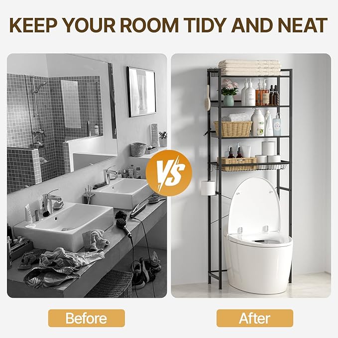 4 Tier Over The Toilet Storage Rack, Bathroom Organizer Shelf Over Toilet with 4 Hook and Roll Holder, Space Save Freestanding Metal Bathroom Shelves