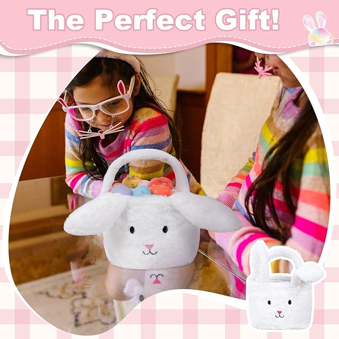 Easter Baskets for Kids,Plush Egg Hunting Easter Buckets with Handle Folded Ears, Gifts Boys Girls