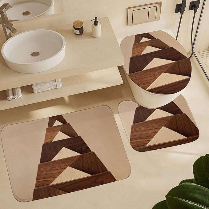 4 Piece Bathroom Rug Set with Shower Curtain, Non-Slip Bath Mat Toilet Cover Set, Overlappings Bathroom Rug Sets