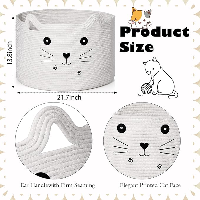 Zopeal Cat Basket Storage Woven Organizer with Ears Christmas Decorative Pet Toy Cute Cotton Rope Basket for Gift Cat Dog Toy Bin Nursery Room(21.7 x 13.8 Inch,White)